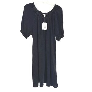 Wonderly Women 2X True Black Cotton Gauze Puff Sleeve Ruffle Neck Midi Dress NEW